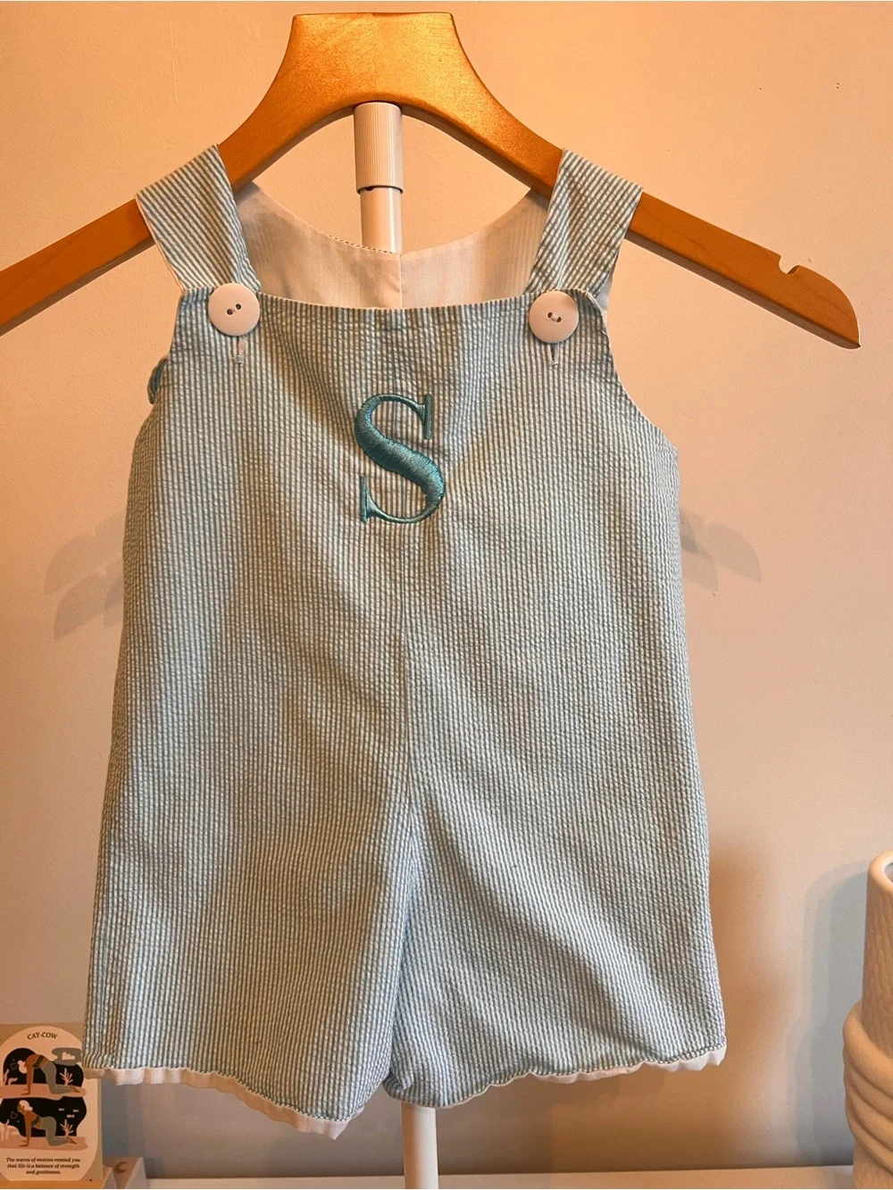 Light Blue Seersucker Romper with Monogram Boy or Girl